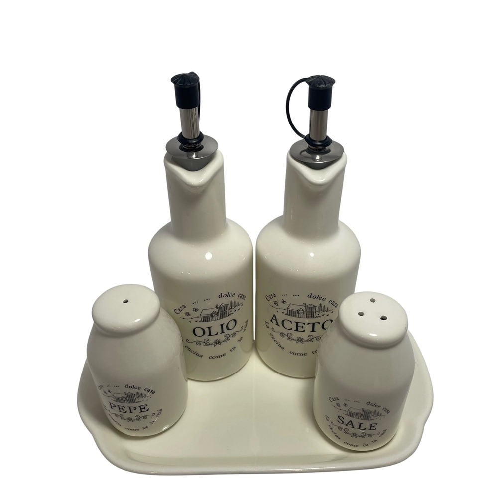 Tognana Italian Ceramic‎ Oil & Vinegar Cruet Set w/ Salt & Pepper Shakers + Tray